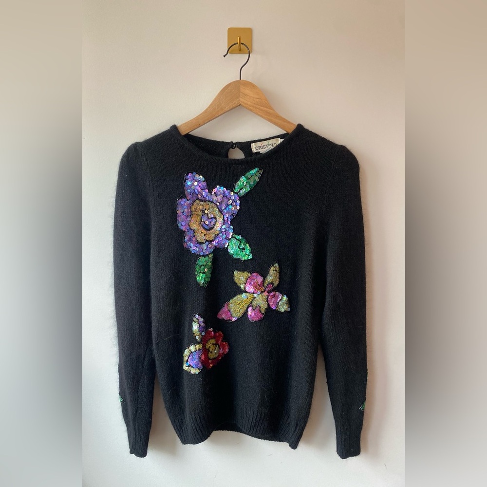 Cristina | Small Black Vintage Floral Sequin Silk‎ Angora Lambswool Sweater